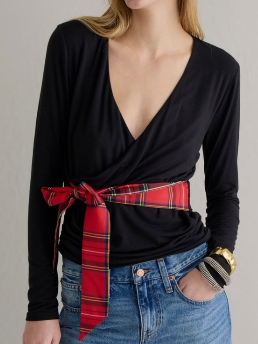 J. Crew Faux Wrap Top w/Tartan Plaid Tie